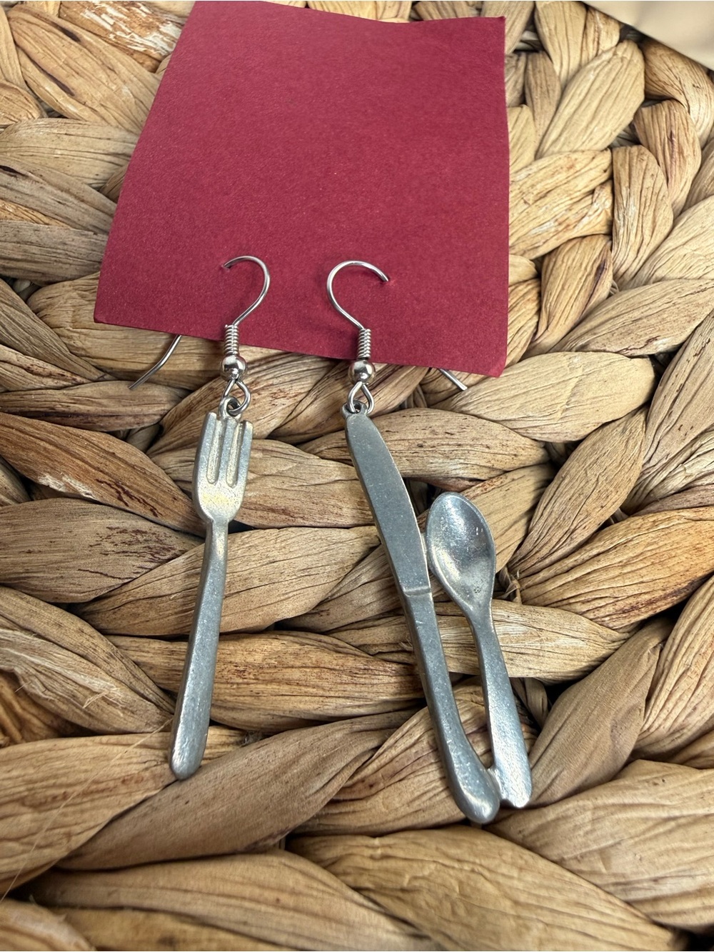 Clift Let’s Eat Earring Novelty Silver Cutlery Dangle Fork, Knife & Spoon pewter